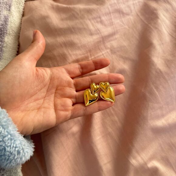 Puffed Double Heart Gold Valentine Earrings OS - Picture 9 of 10